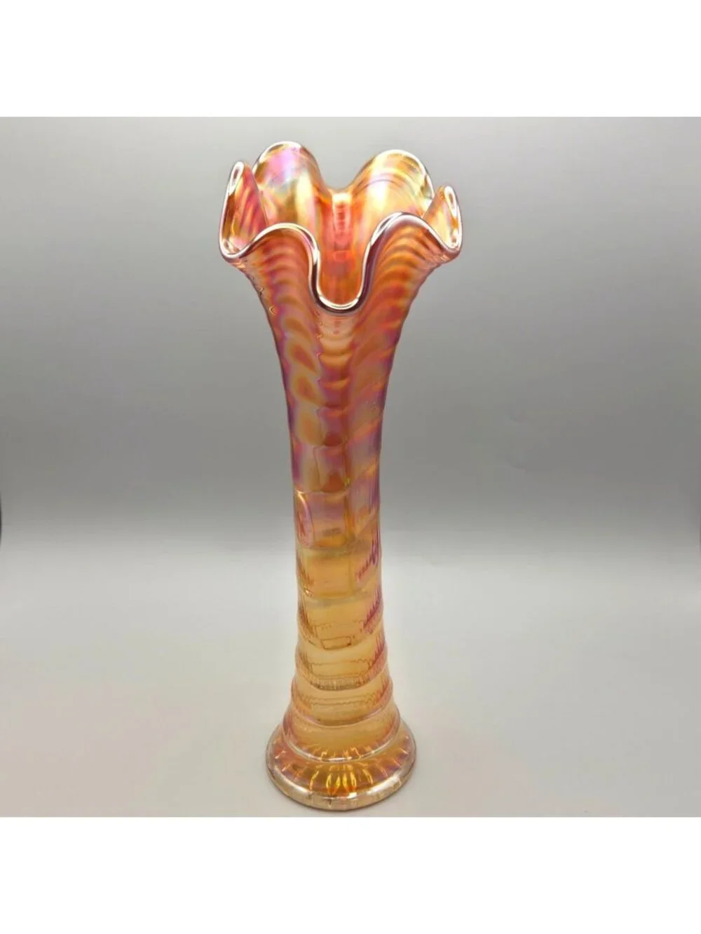 Vintage Imperial Ripple Carnival Glass Vase Ruffled Amber Iridescent Swung 11